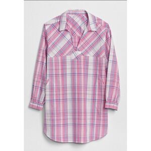 Love by Gap Plaid Tunic Shirt Women Size L Pink Blue Long Sleeve V Neck